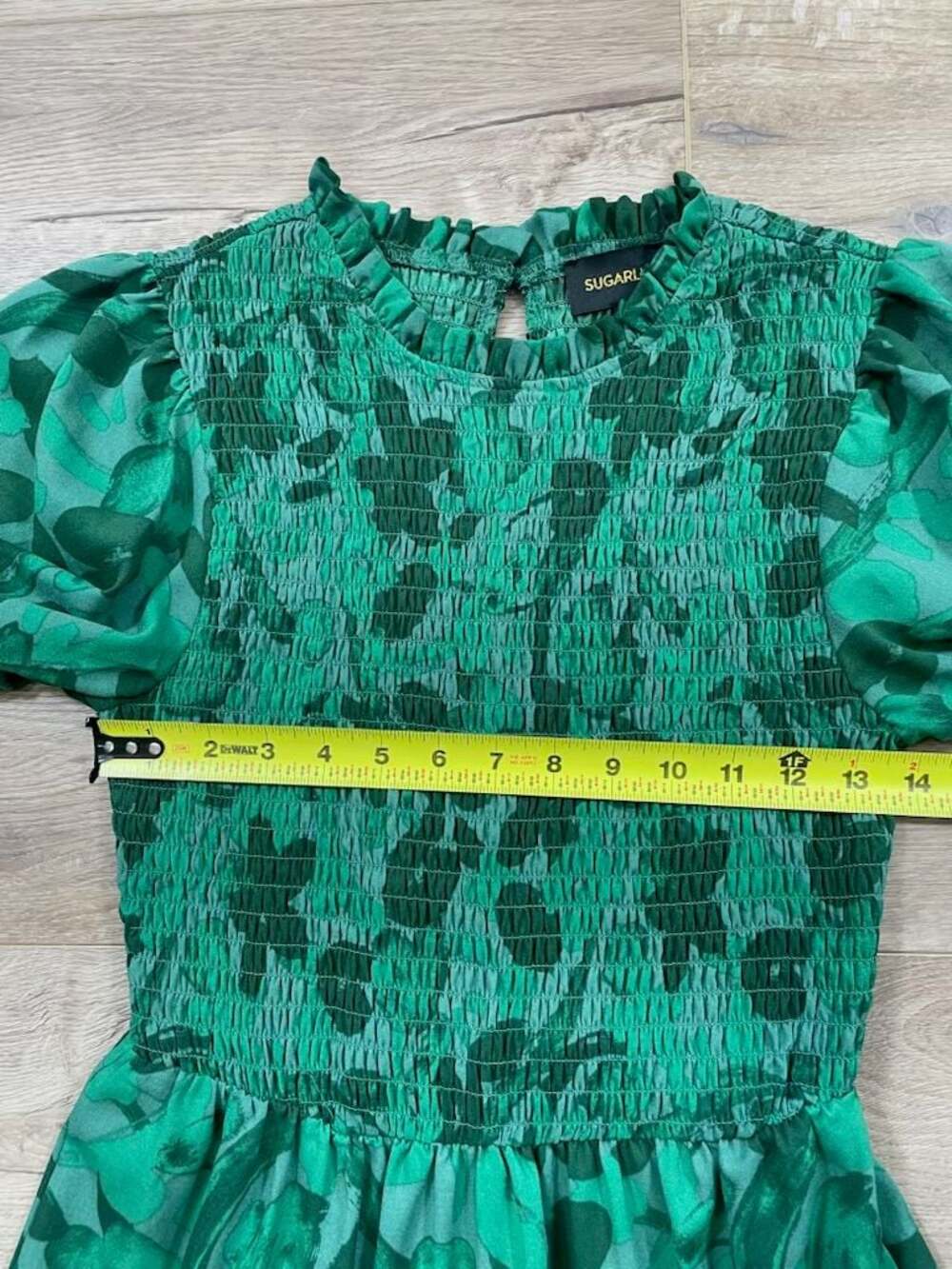 Sugarlips Emerald Green Floral Smocked Tiered Midi Dress Puff Sleeve Small - Picture 4 of 14